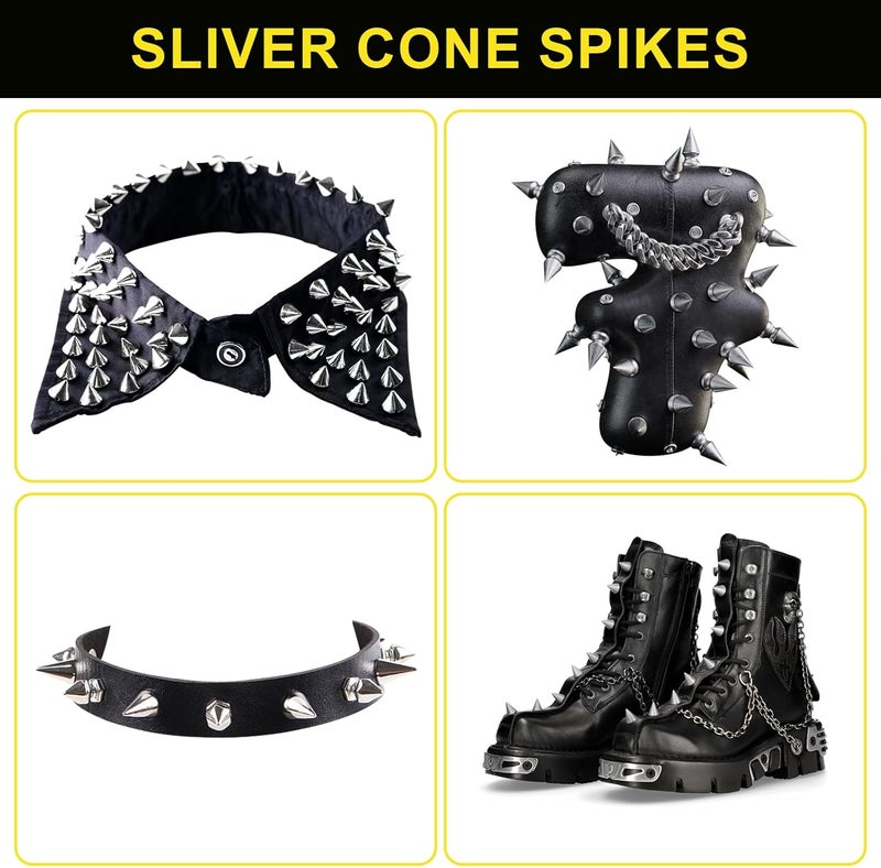 biteyued 100 Pairs Cone Spikes Screwback Studs,Metal Bullet Cone Spikes, 7x10mm Metal Spikes Studs, for Punk Rock Style Clothing Belt Shoe Bag Dog Collar DIY Leather Crafts,Silver - Image 5